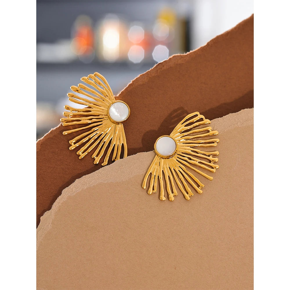 Yhpup Stainless Steel Charm Hyperbole Stud Earrings with Natural Shell Fashion Big Ear Jewelry Accessories Waterproof for Women