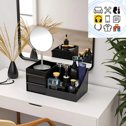 Organizador elegante y compacto para perfumes de uso diario. Mantiene tus fragancias a la mano sin ocupar espacio. Ideal también para prendas pequeñas y accesorios, aportando orden y estilo a tu tocador.