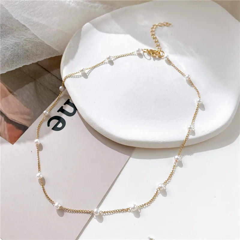 KOTiK Fashion Pearl Choker Necklace for Women, Gold Color Goth Chocker Jewelry on the Neck Pendant Collar for Girl New 2025